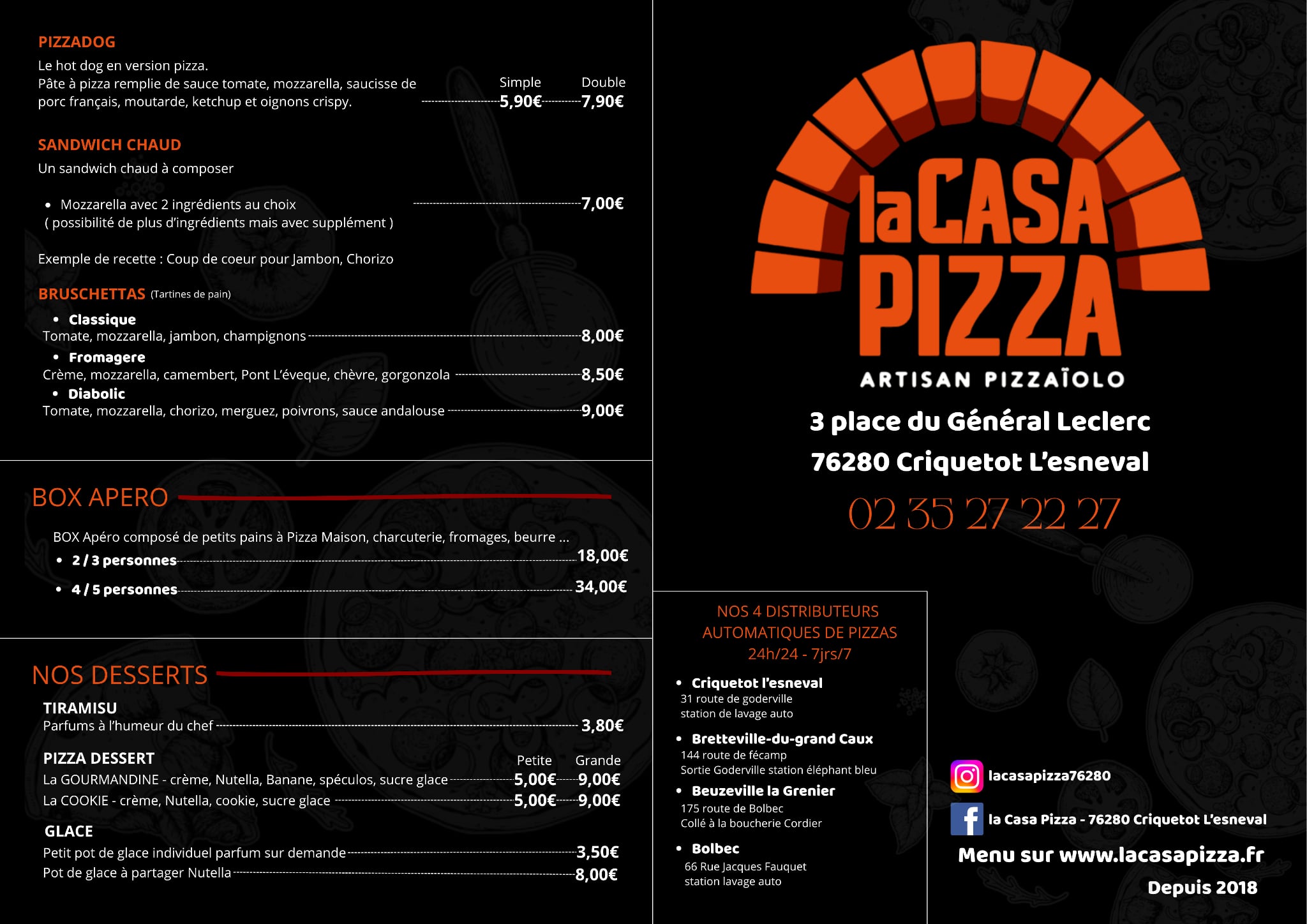 Carte dessert, option et autres